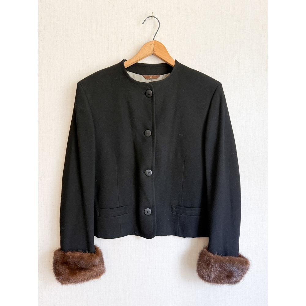 Vintage Tailored Wool Jacket Mink Fur Cuff Collarless Black Brown Formal USA